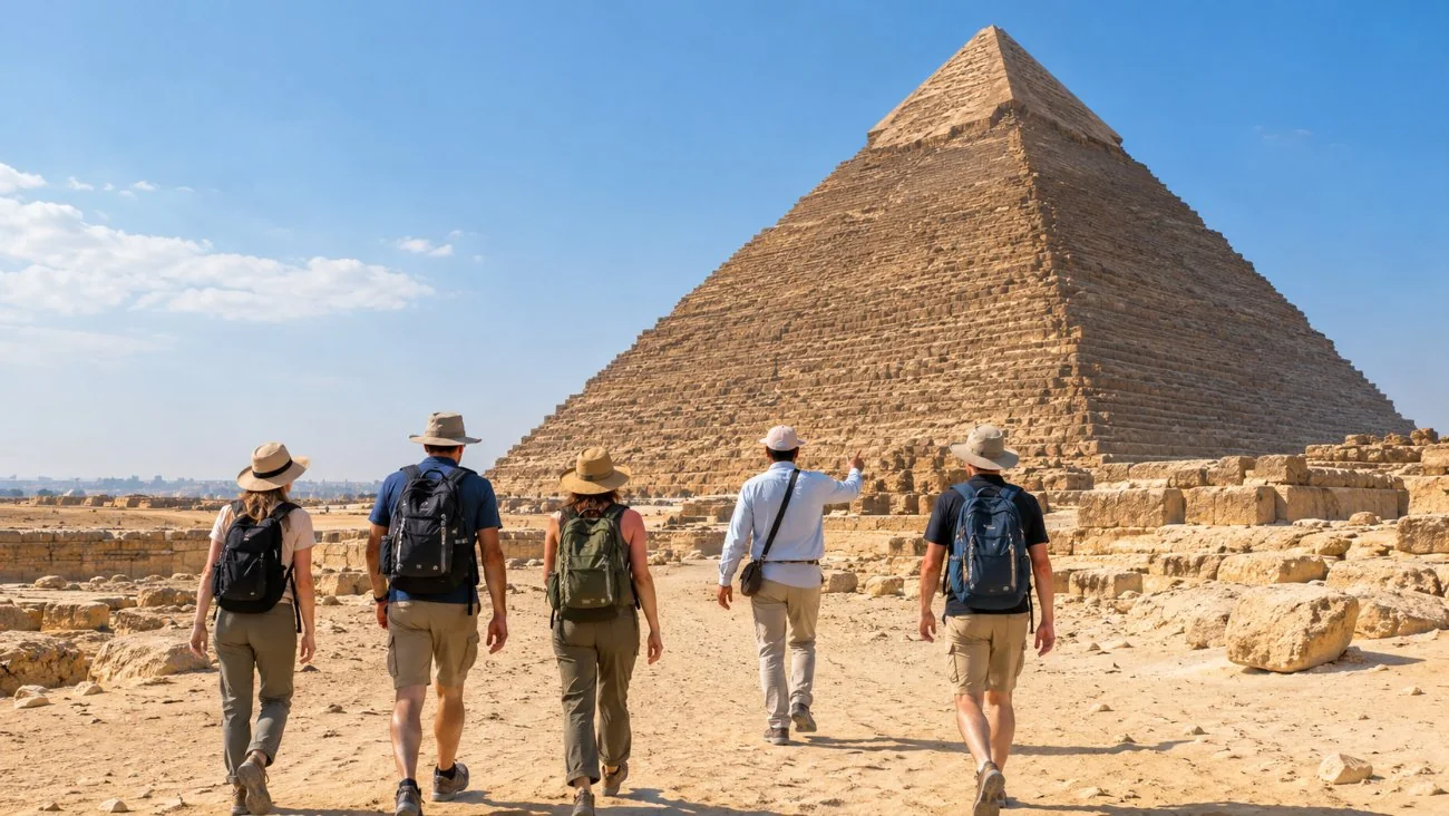 A small group with a guide walking across the sand toward the Great Pyramid of Giza in morning light, seen from behind
