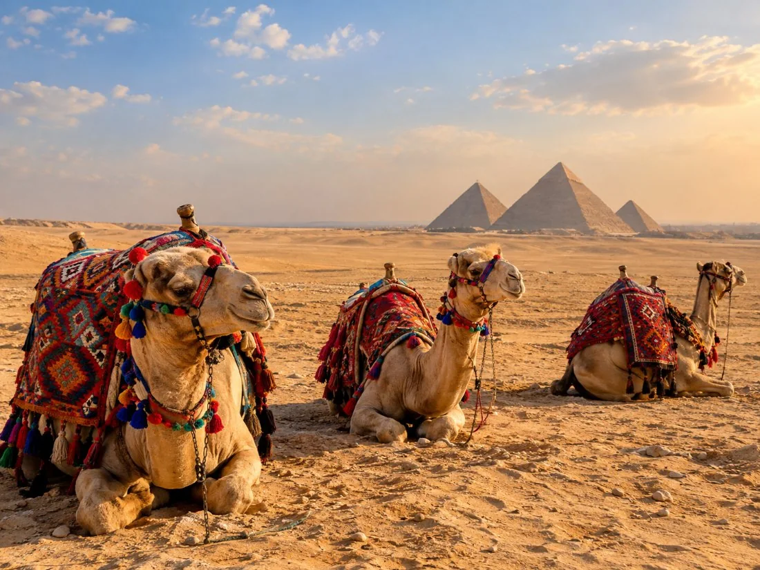 Camels resting on the sand at the edge of the desert with the pyramids of Giza in the distance