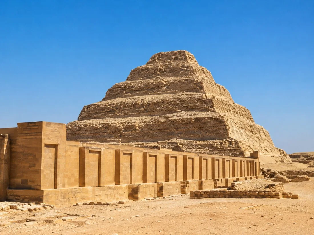 The six-stepped Pyramid of Djoser at Saqqara under a clear blue sky