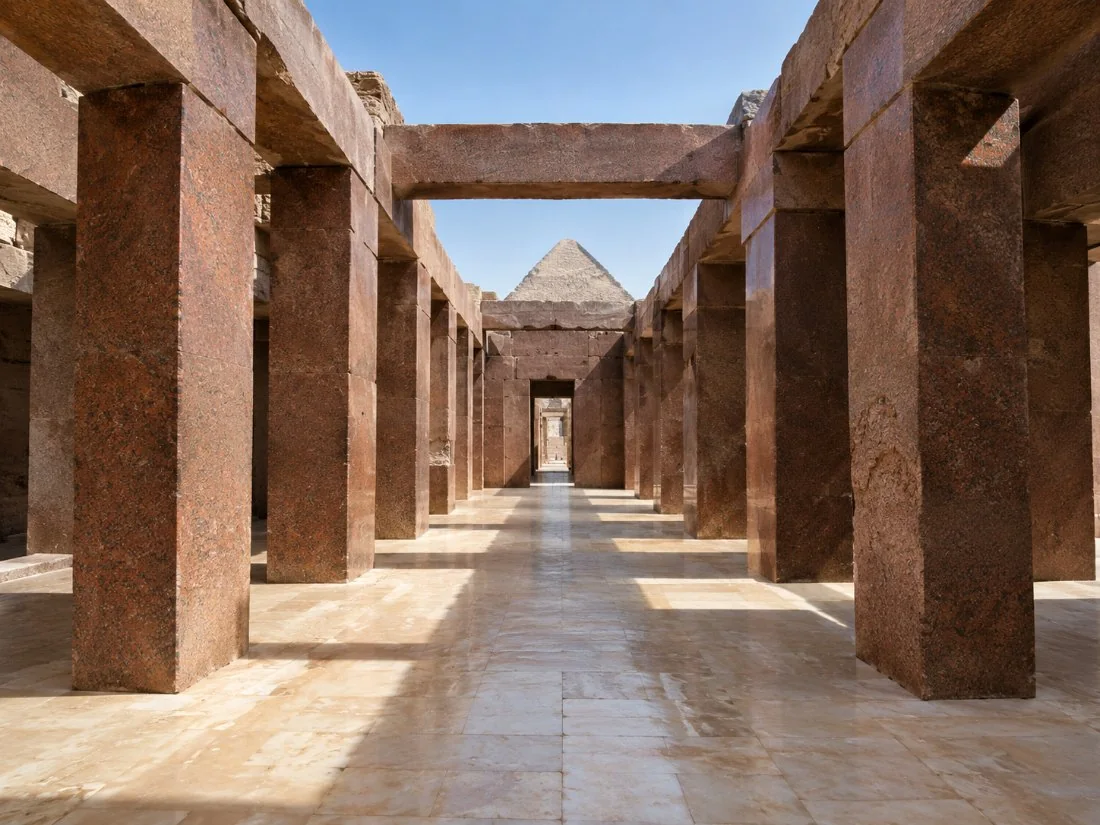 Square red granite pillars and lintels inside the Valley Temple of Khafre beside the Sphinx